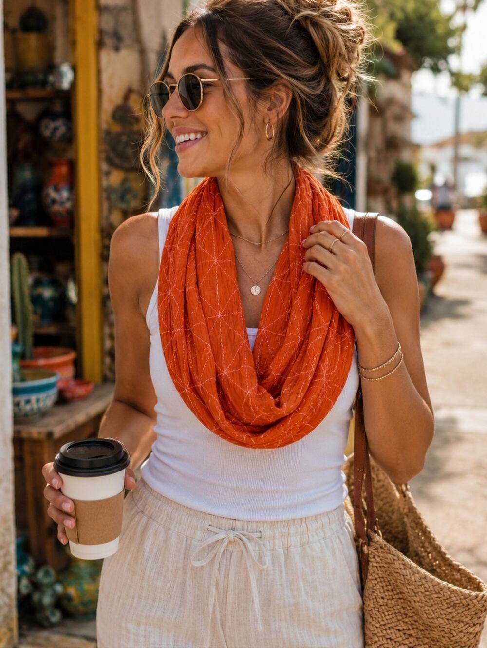 Orange Crinkled Geometric Wrap Scarf